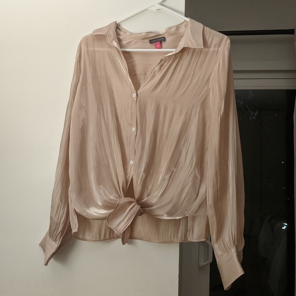 Vince Camuto Tie-Front Blush Collared Blouse Shimmer Pink Button Down Small - Picture 3 of 6